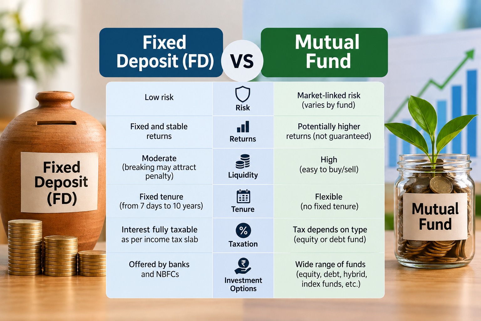 FD vs mutual fund comparison showing risk, returns, liquidity, tenure, taxation and investment options for beginners.